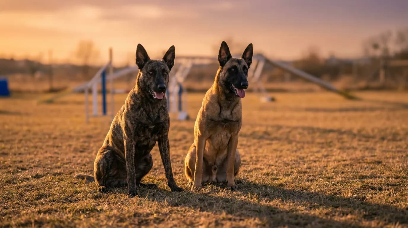 Dutch Shepherd and Belgian Malinois sitting side by side on a training field