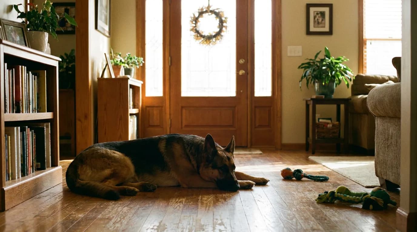 German Shepherd lying calmly in a living room near the front door
