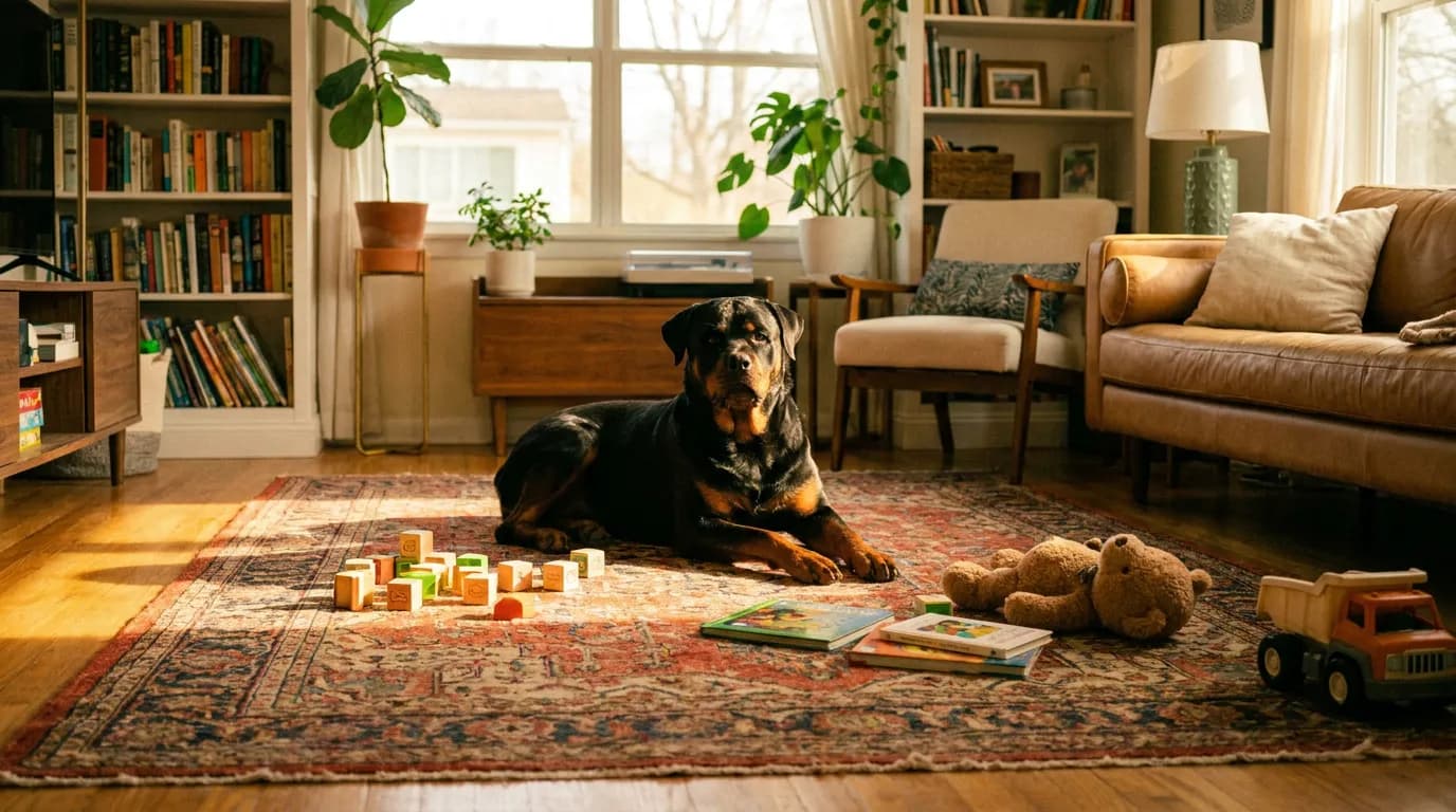 Calm Rottweiler lying on a living room rug beside children's toys