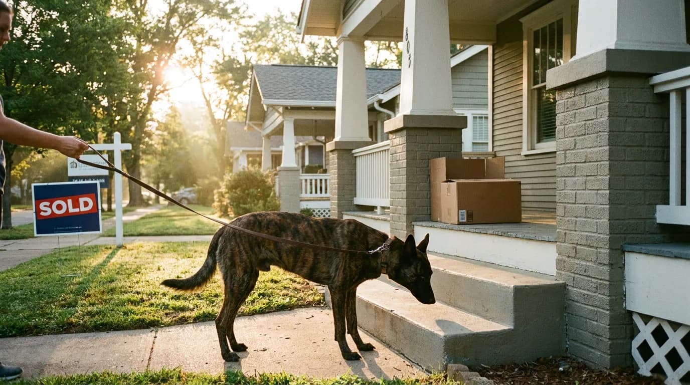 Dutch Shepherd on a leash exploring a front yard at sunrise