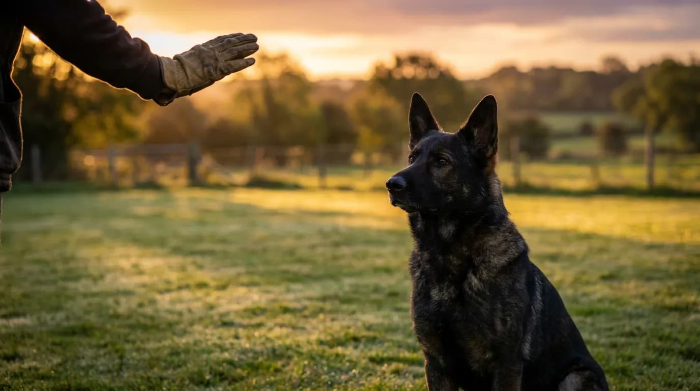 Handler giving a hand signal to a German Shepherd sitting at attention on a training field