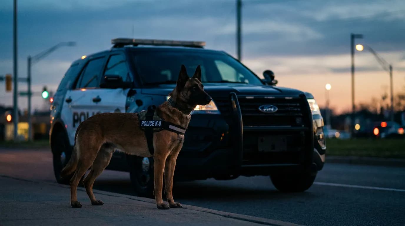 Belgian Malinois police K9 standing beside a patrol vehicle at dusk