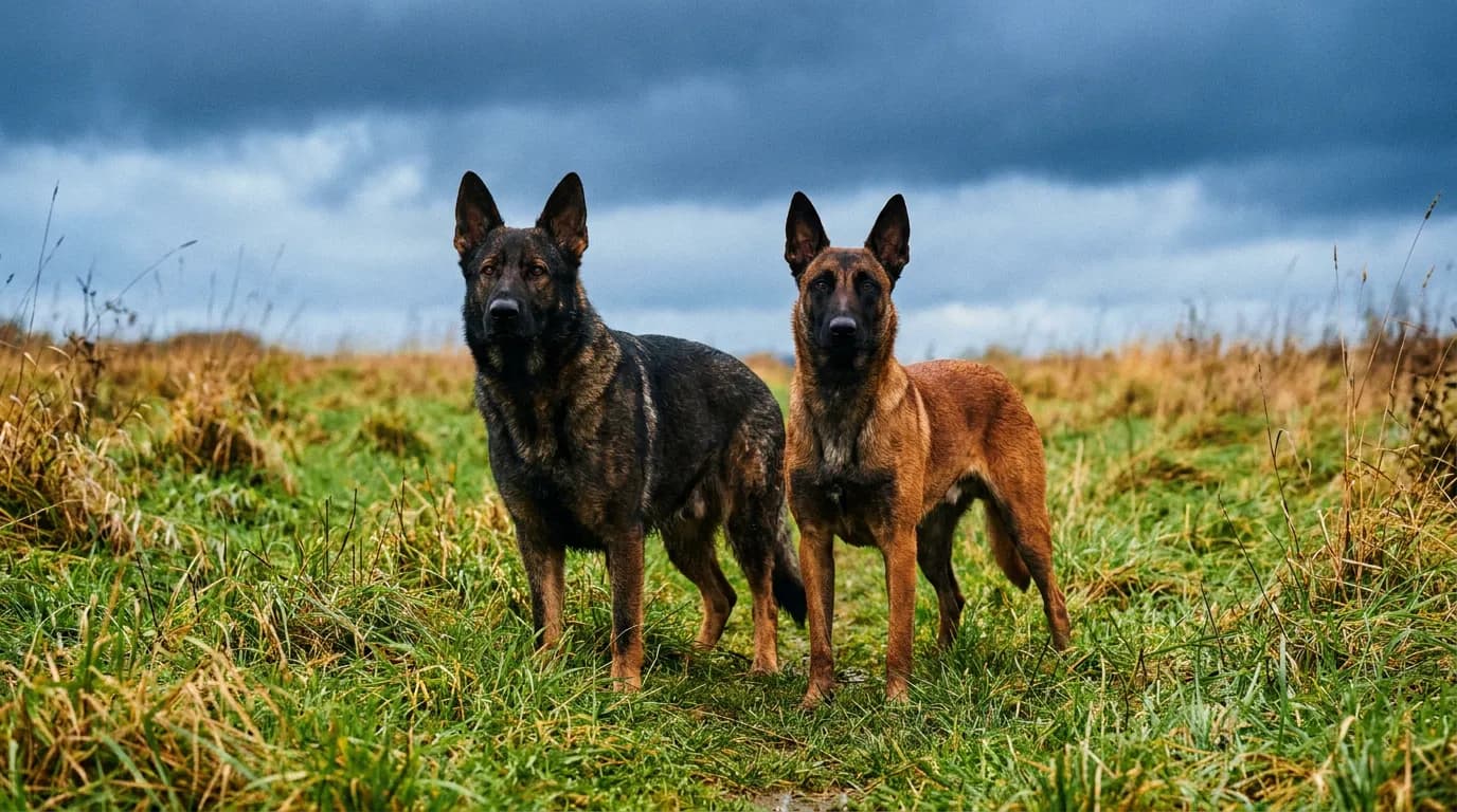 German Shepherd and Belgian Malinois standing side by side on a grassy field