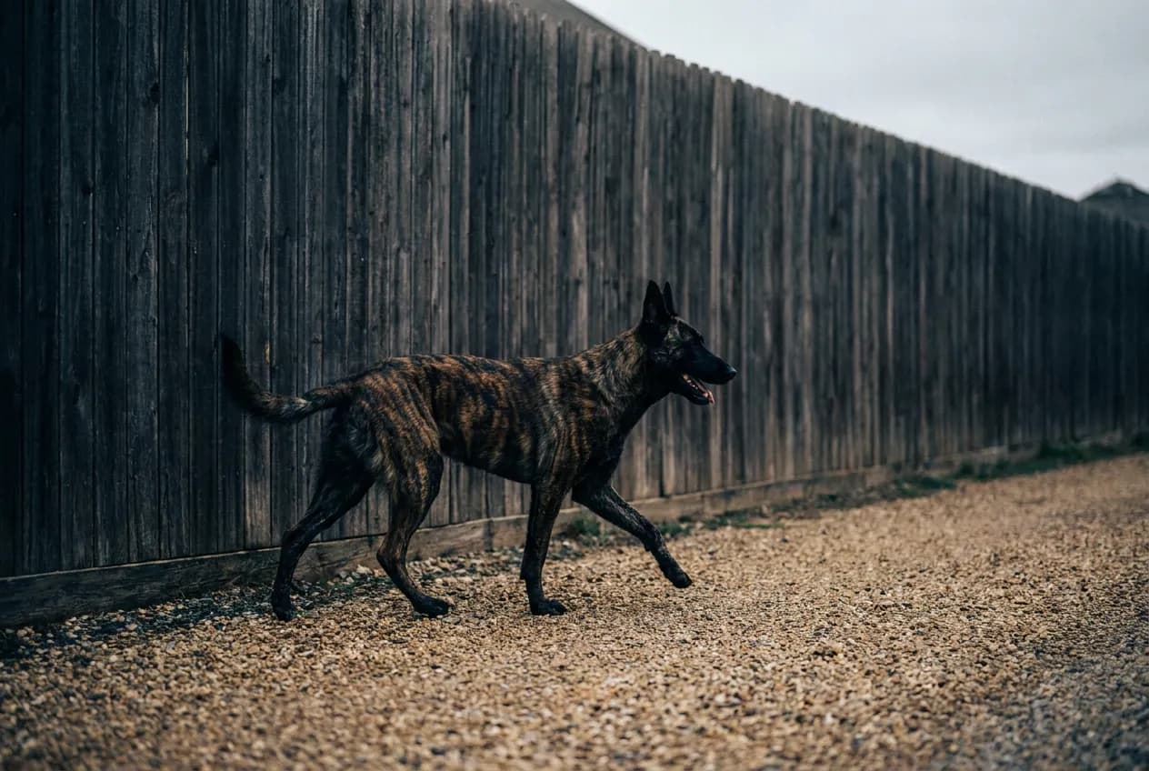 Brindle Dutch Shepherd walking in a heel along a gravel path