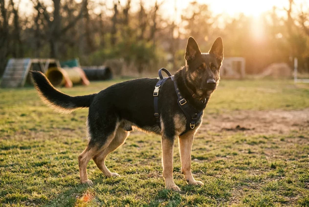 German Shepherd in a working harness standing alert on a training field