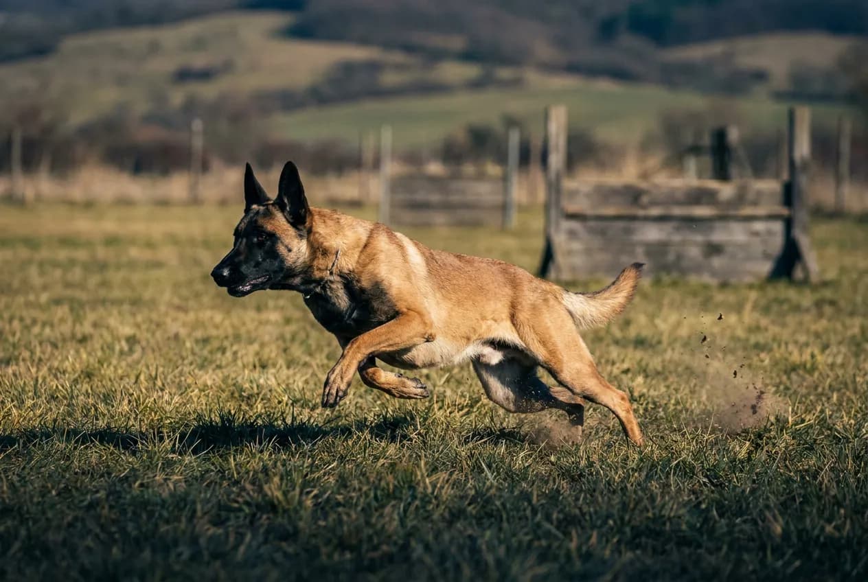Belgian Malinois sprinting across a grass training field