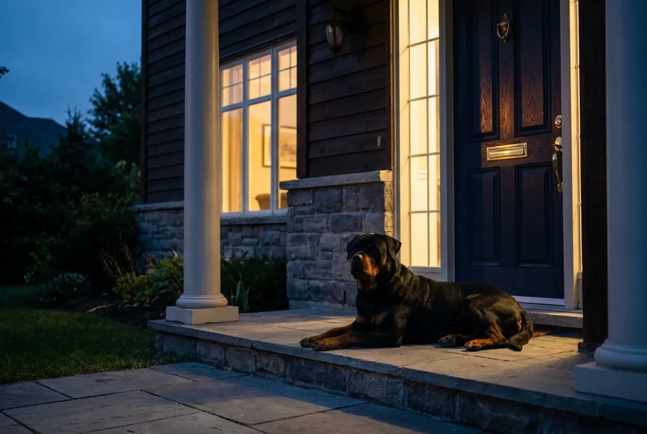 Rottweiler lying watchfully on the porch of a home at dusk