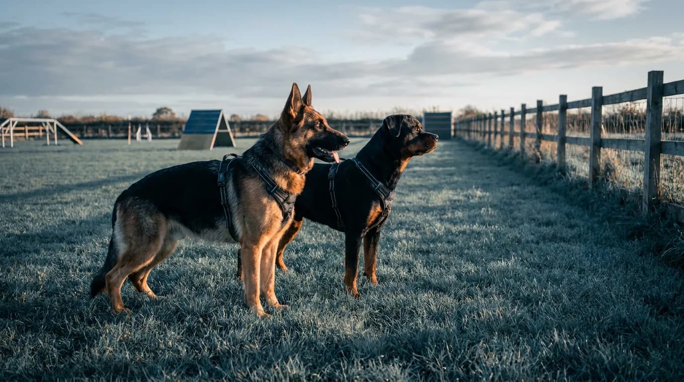 German Shepherd and Rottweiler standing side by side on a training field