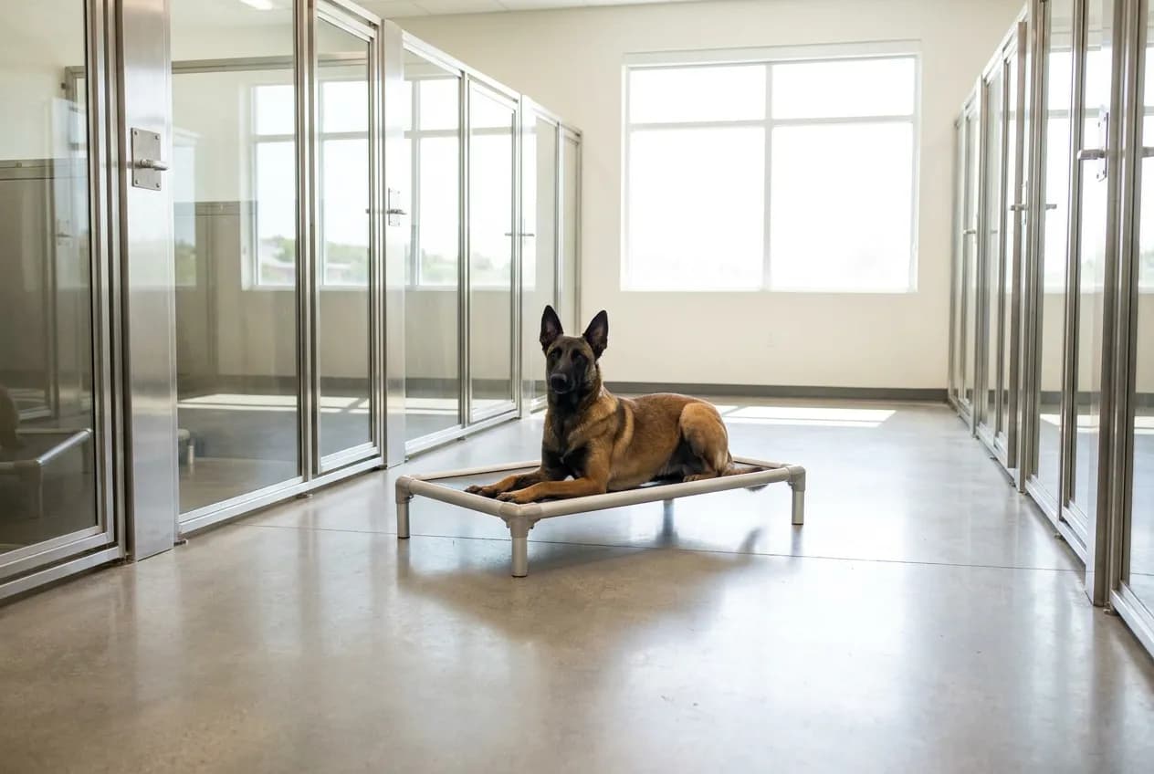 Belgian Malinois resting on a raised bed in a clean, bright kennel suite