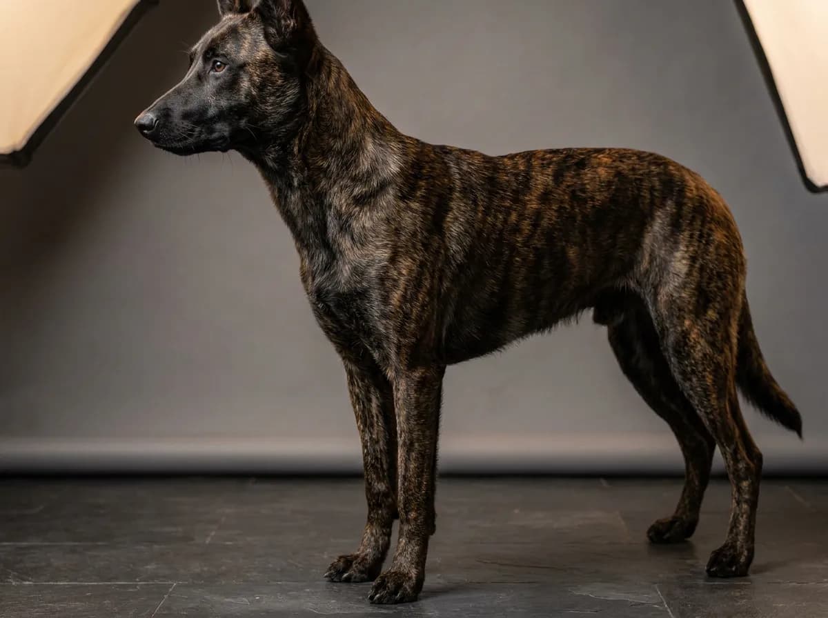 Brindle Dutch Shepherd standing in profile