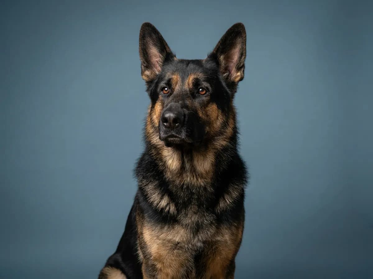 Black and tan German Shepherd sitting upright against a blue backdrop