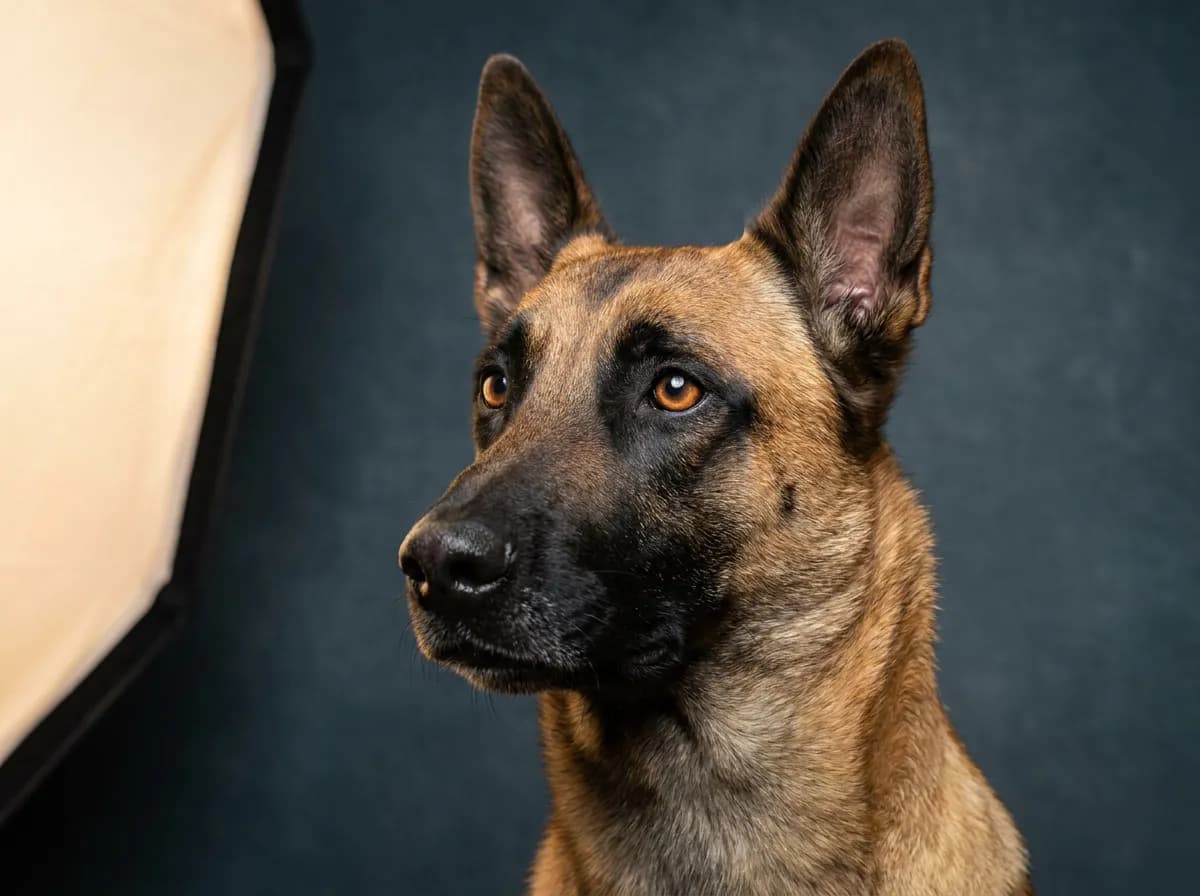 Fawn Belgian Malinois with black mask looking alert