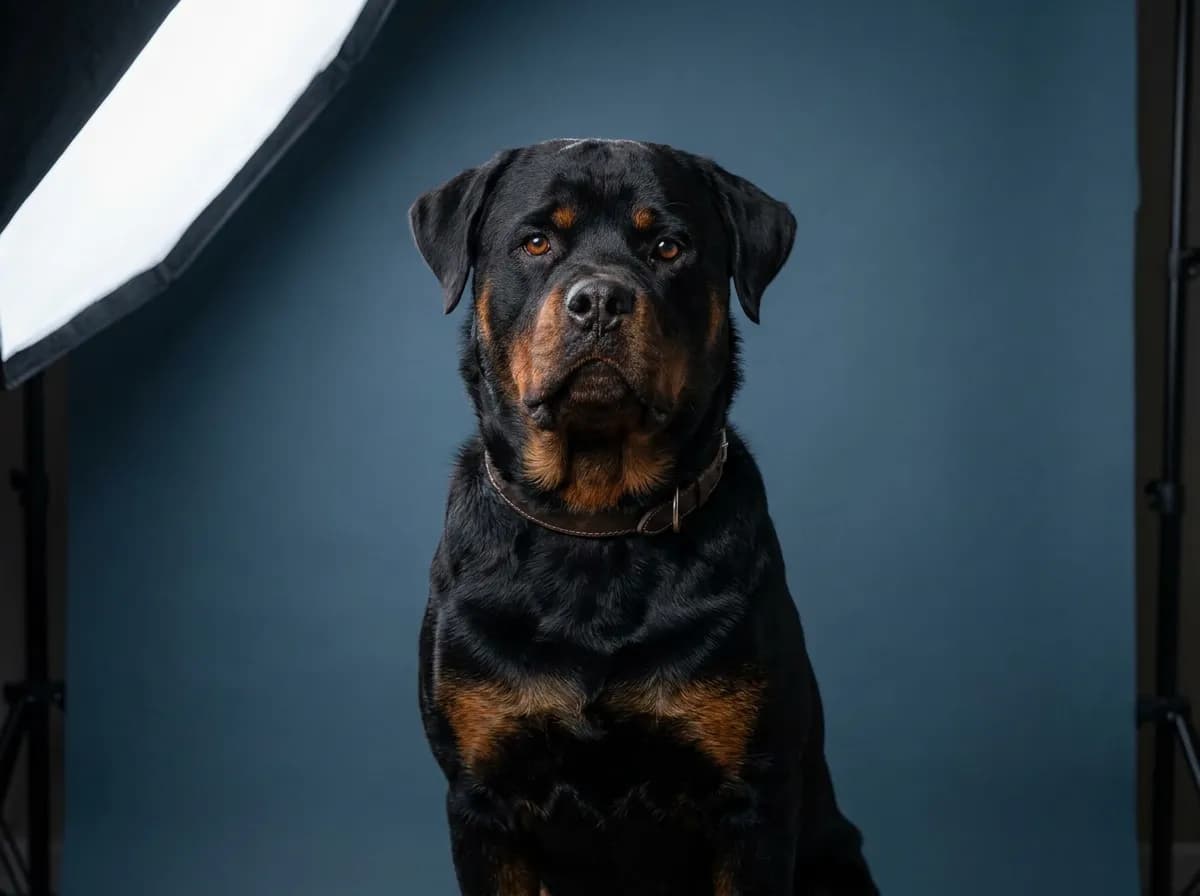 Muscular black and mahogany Rottweiler sitting calmly
