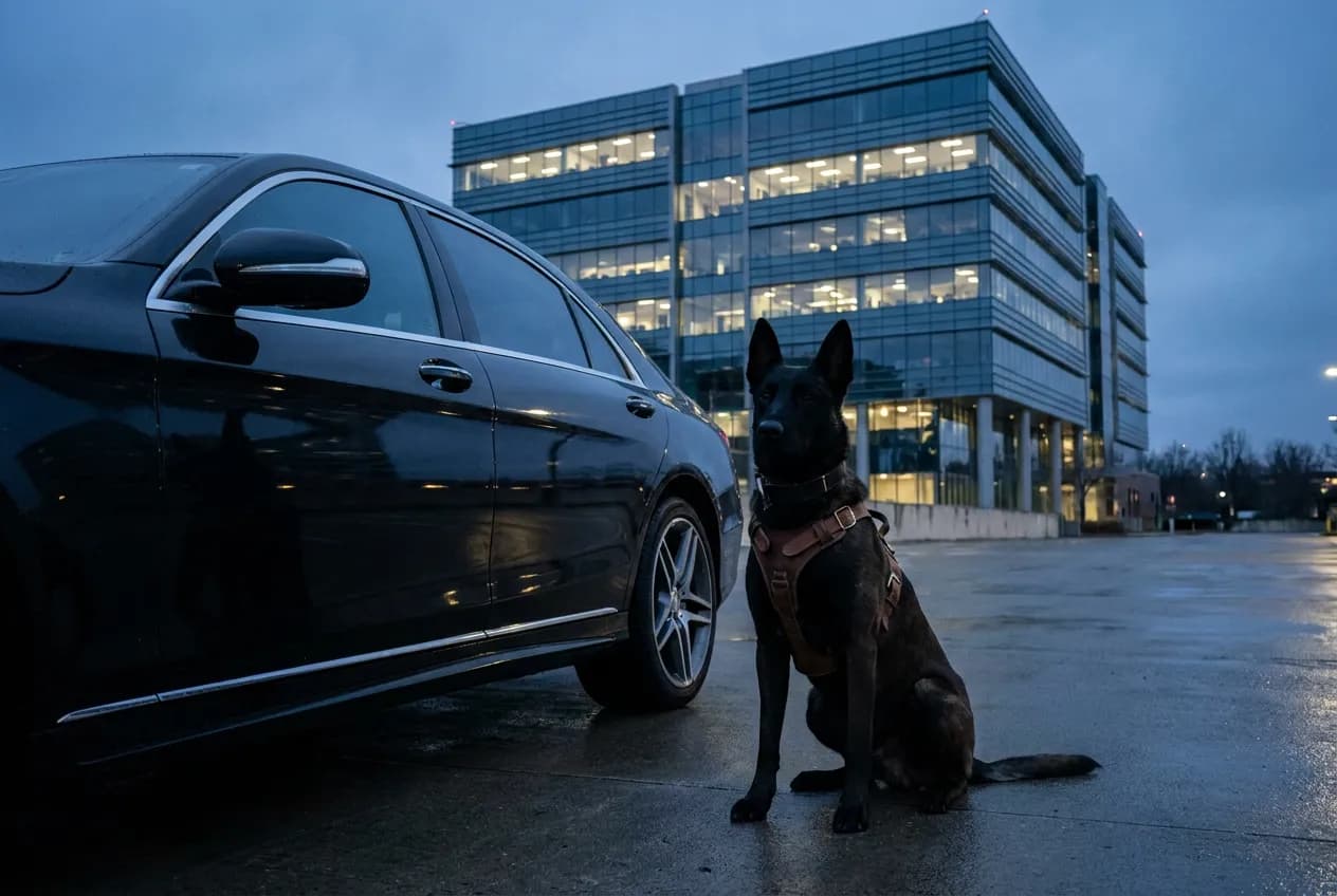 Black Belgian Malinois in a harness sitting beside a dark sedan outside a glass office building