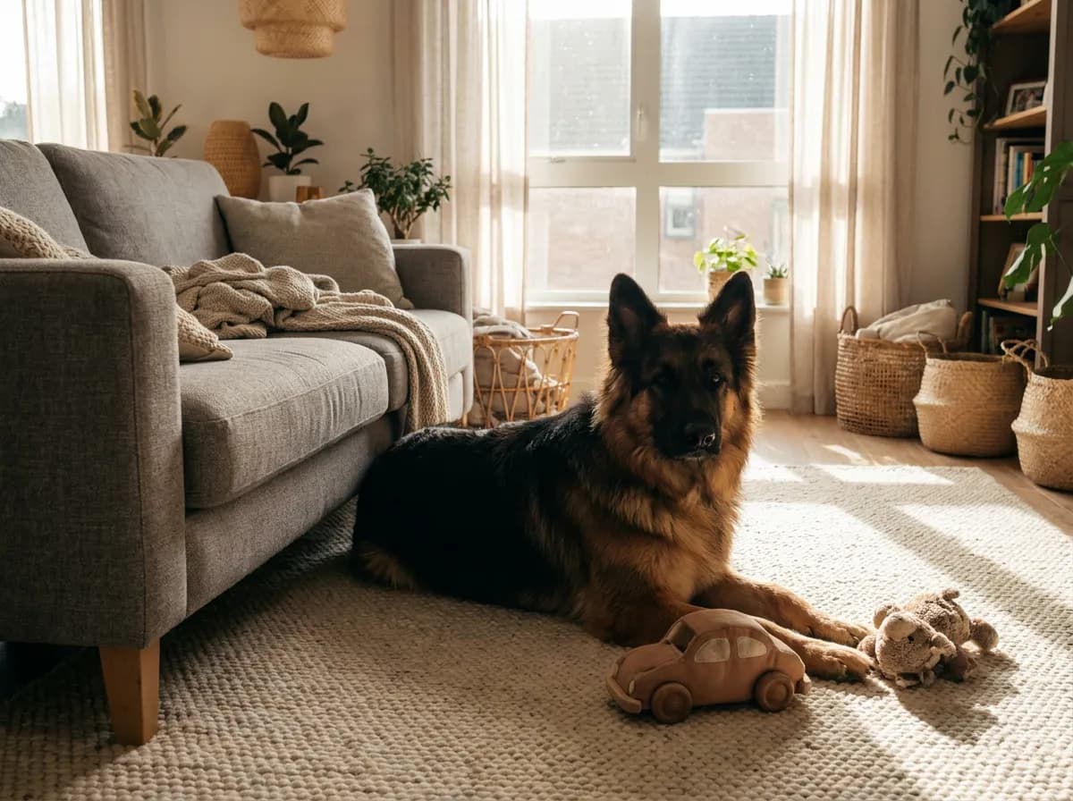 Calm German Shepherd resting beside a sofa in a family living room