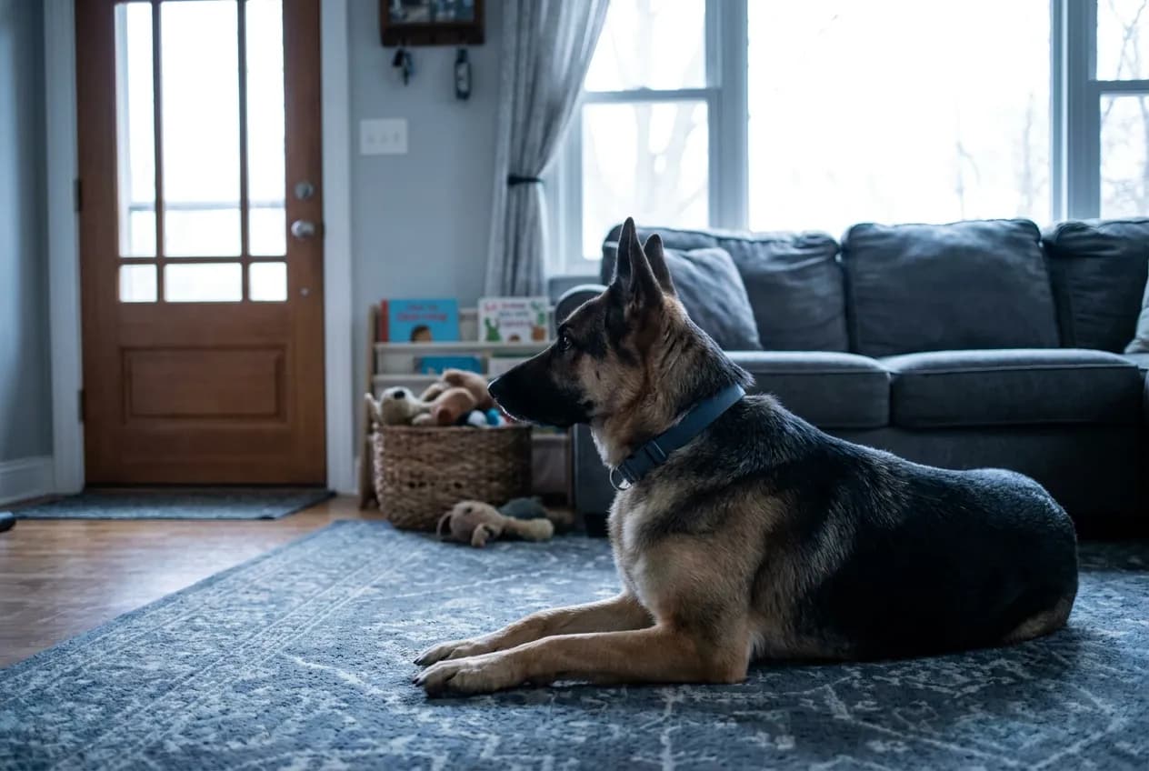 German Shepherd resting on a living room rug in a family home