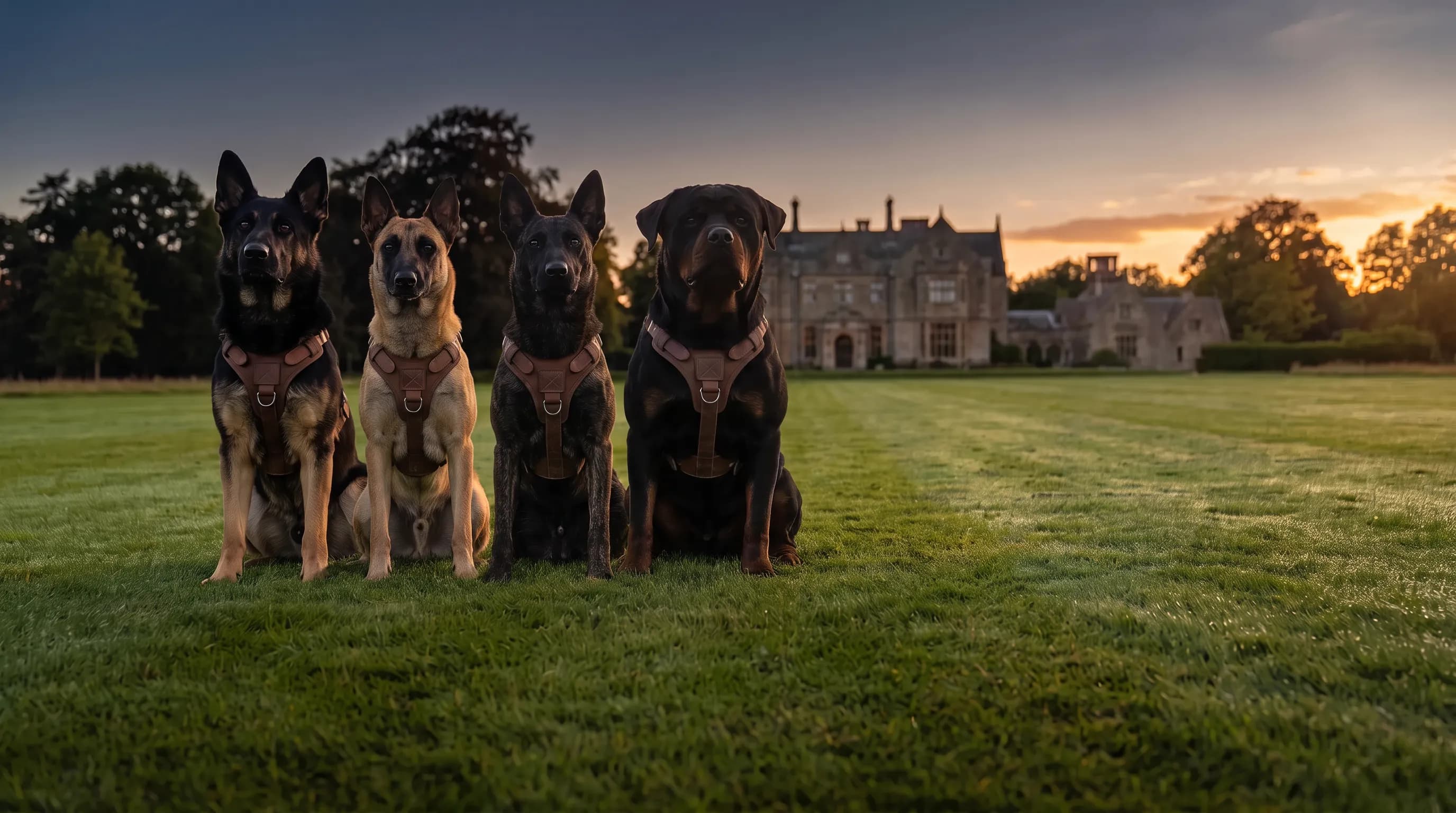 Four fully trained protection dog breeds sitting together: German Shepherd, Belgian Malinois, Dutch Shepherd and Rottweiler