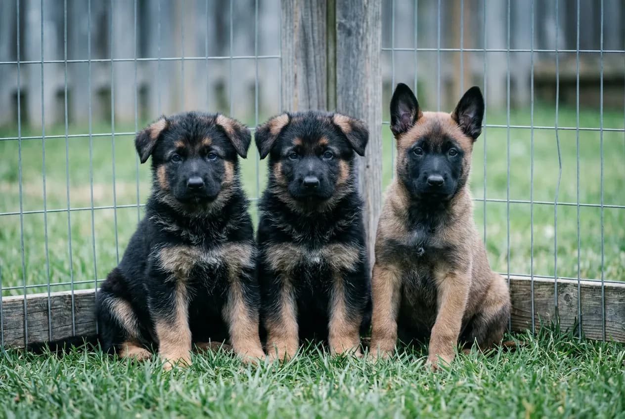 Three protection breed puppies sitting together on grass