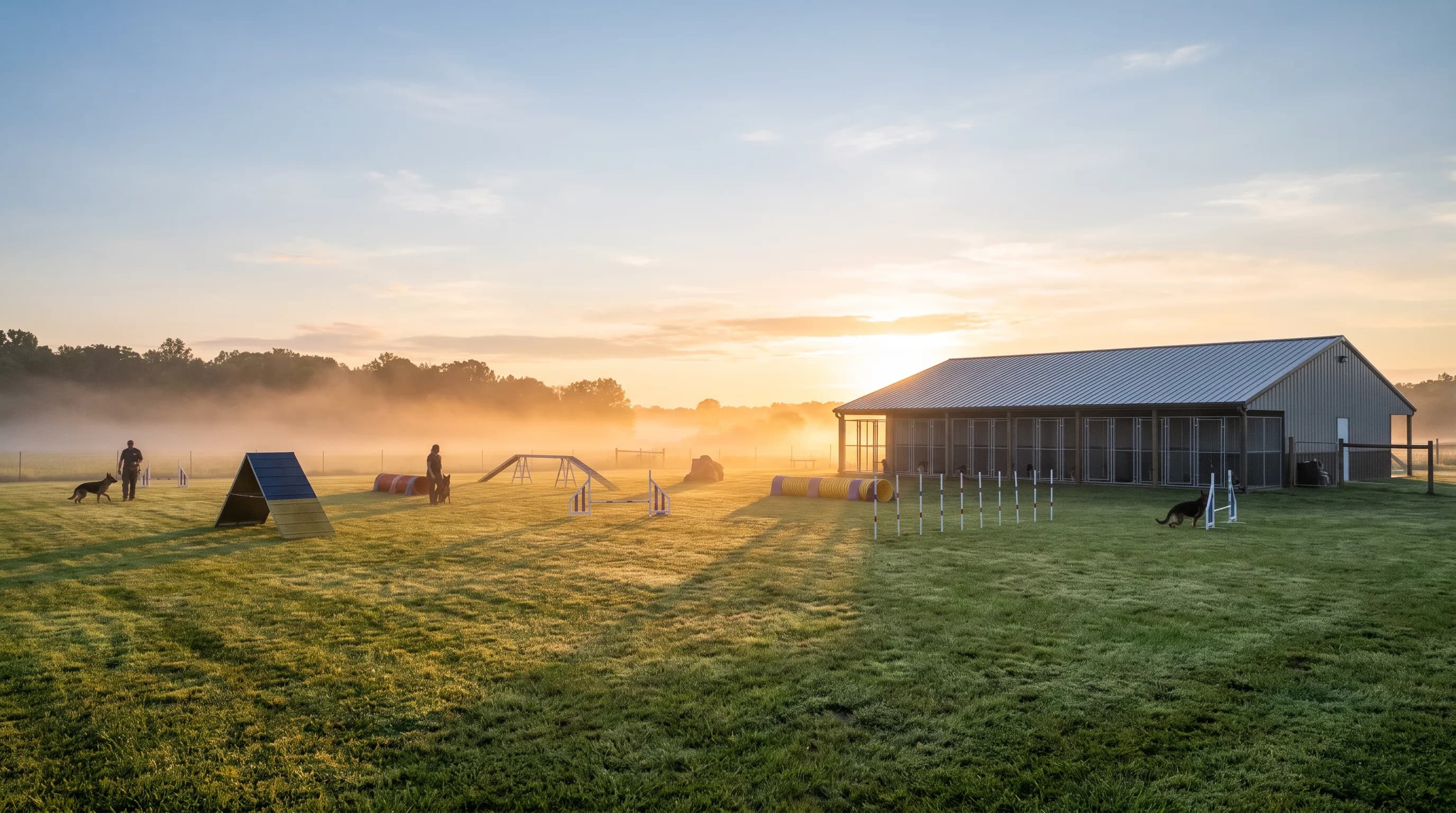 K9 training facility with open field and kennel building at dawn