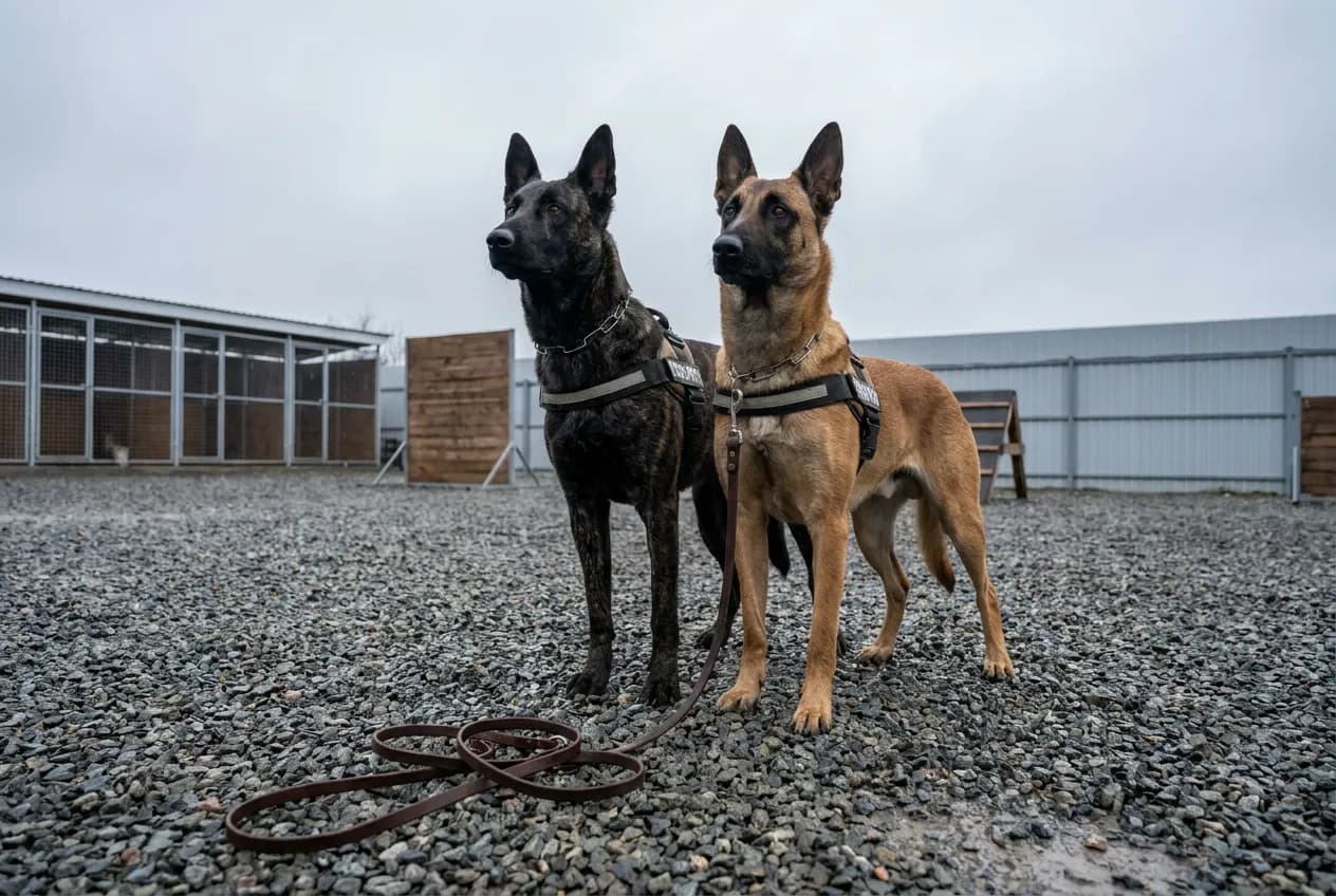 Fully trained Dutch Shepherd and Malinois standing at attention in a training yard